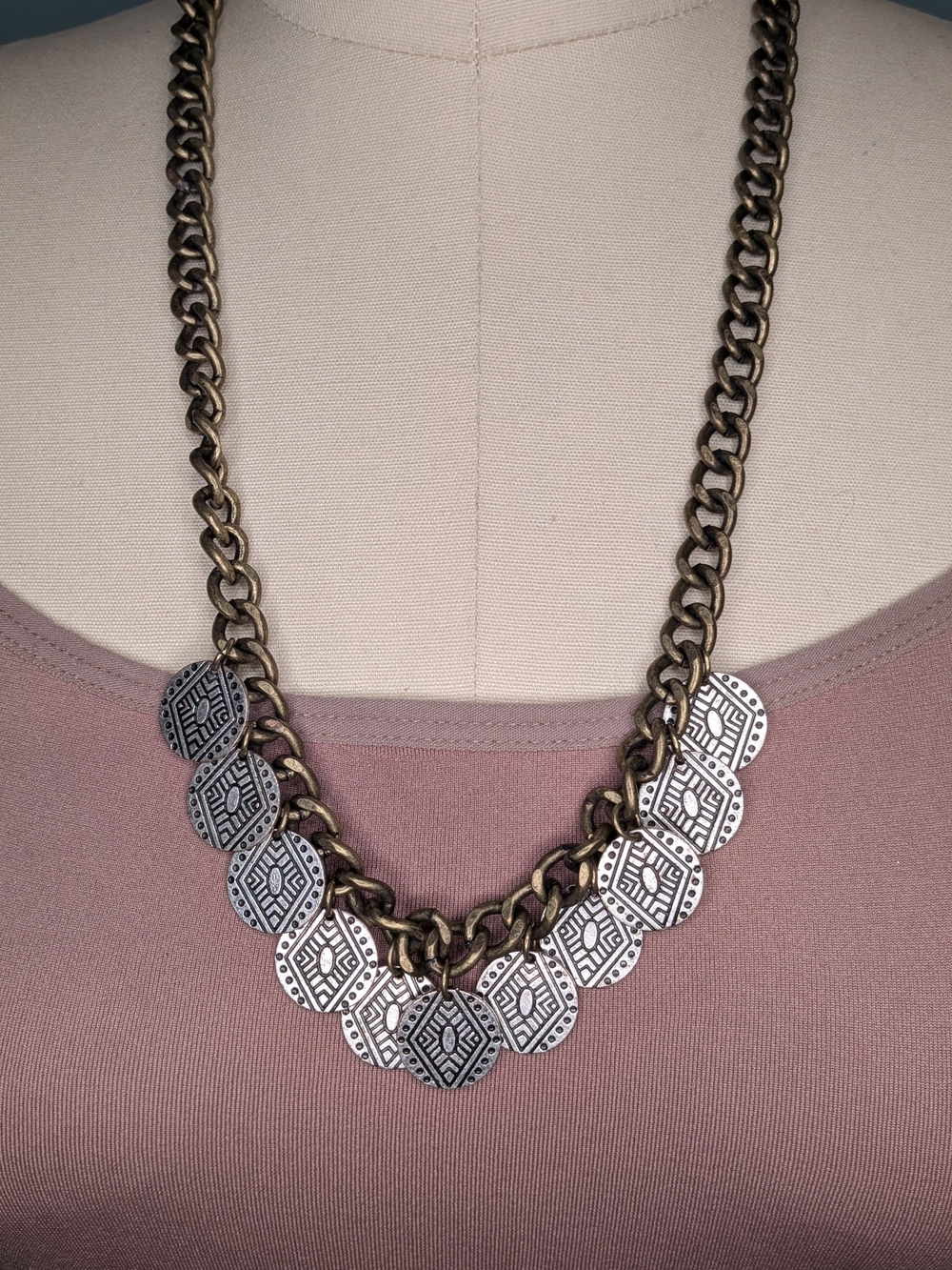 Antique Brass Chain Necklace with Silver Coin Charms Boho Southwestern